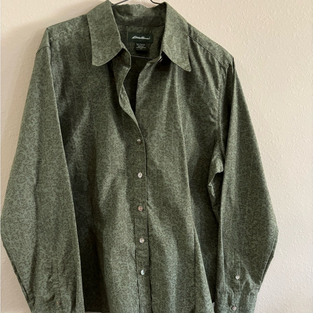 Olive Green - Women’s Button Up Blouse - Eddie Bauer - Long Sleeved - Sz XL
